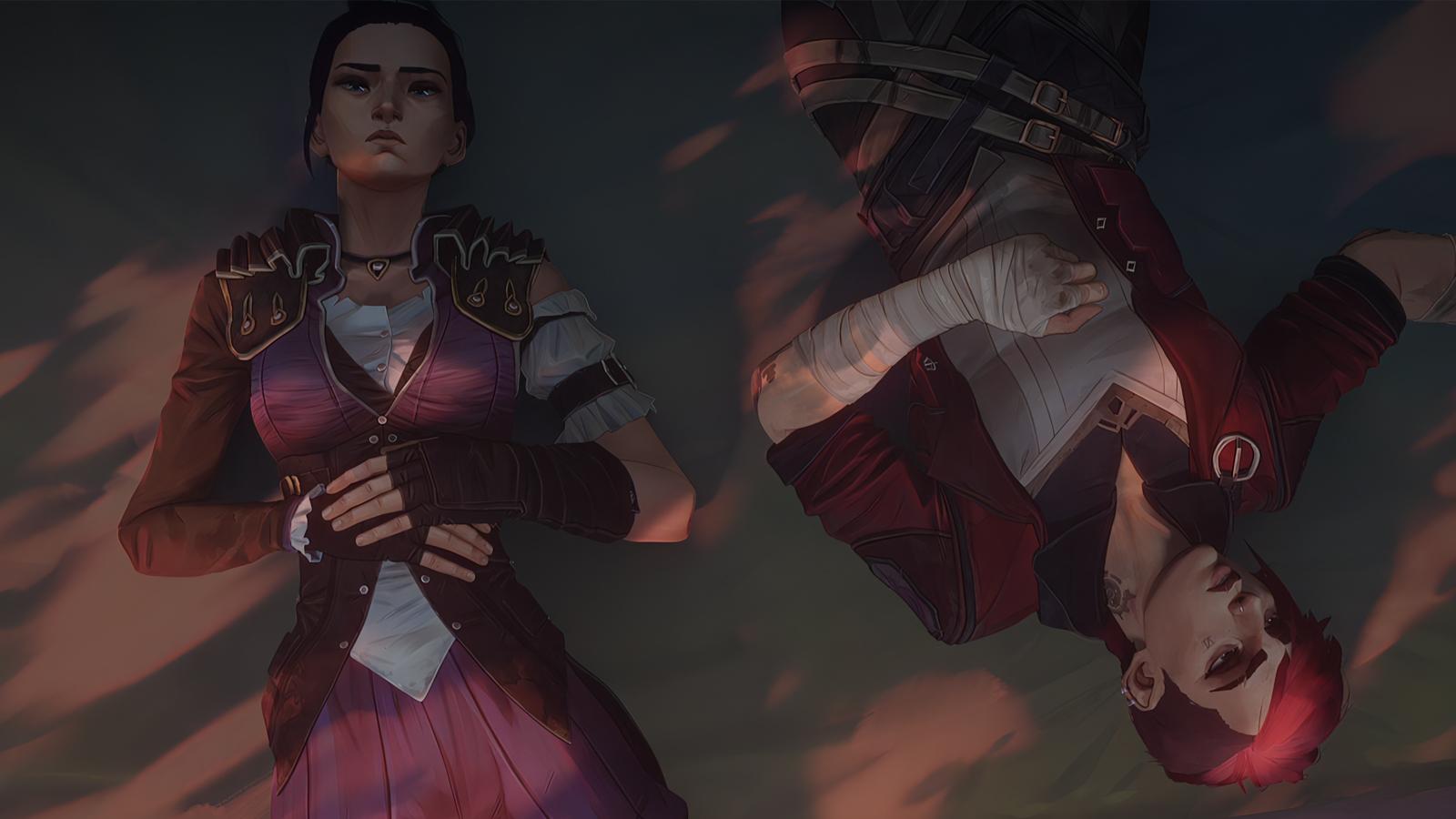 Two animated characters in Victorian-style steampunk clothing - one standing proudly upright in a dark red dress and armor, while the other is suspended upside-down in matching attire, creating a dramatic mirrored composition against a moody sky.