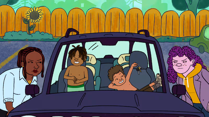 It's an screenshot of an animated TV Show. At the center there is a car, and two kids are inside it. On the sides to adult women (Shira and Kendra) are looking inside of the car angry.